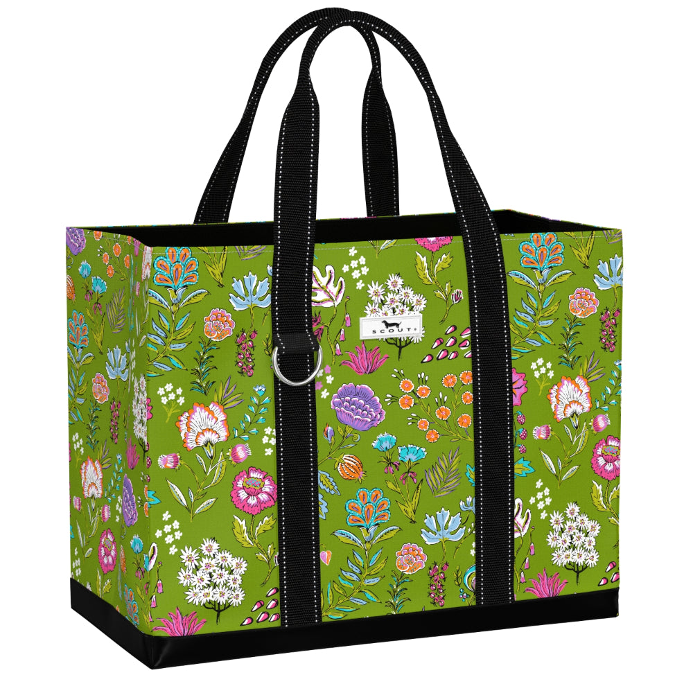 Floral-patterned tote bag with black handles on a white background