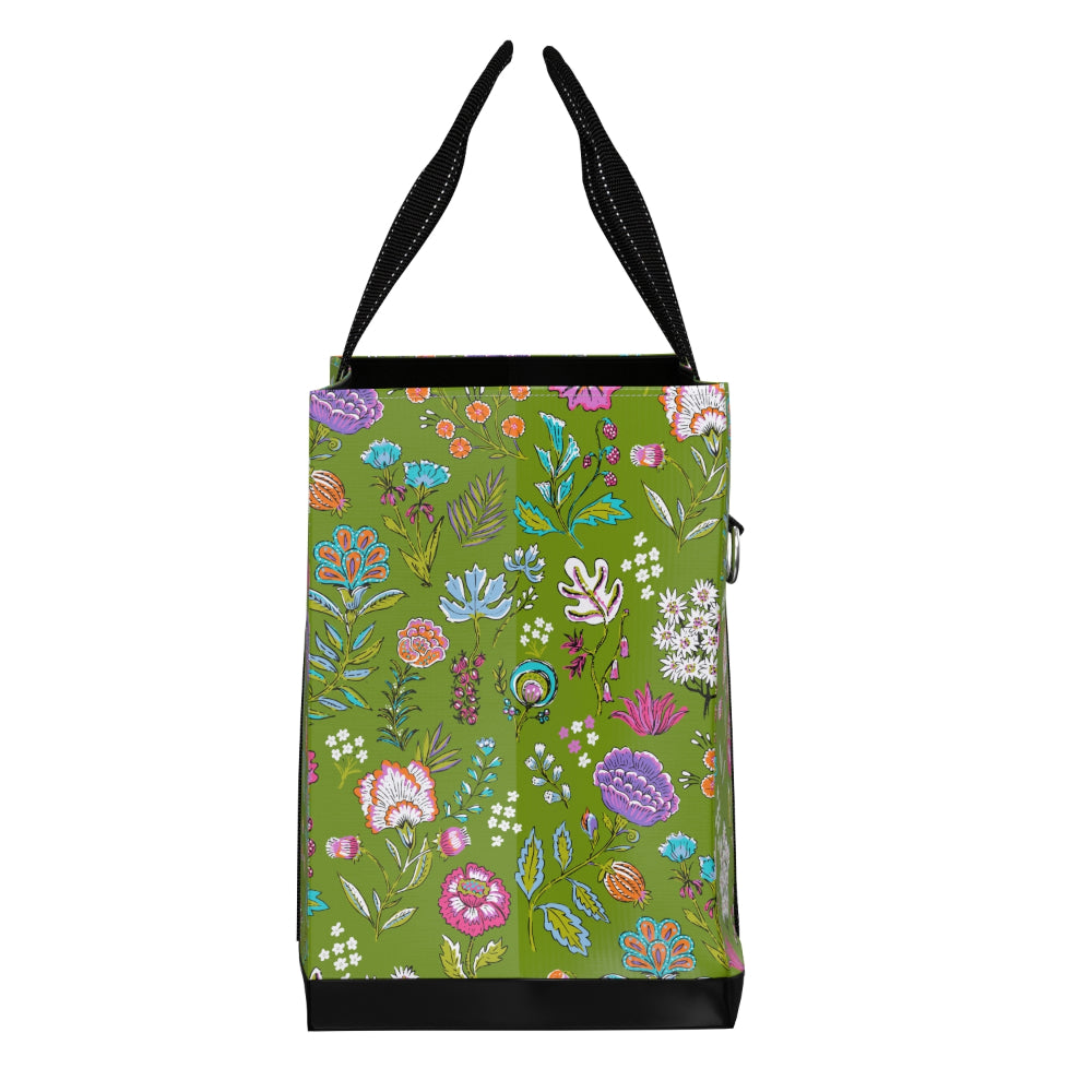 Tote bag with floral pattern on a green background
