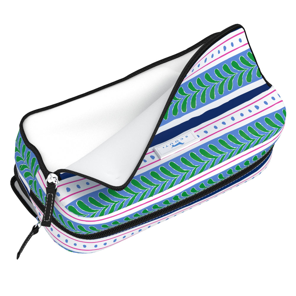 Rectangular pouch with a colorful leaf pattern on a white background