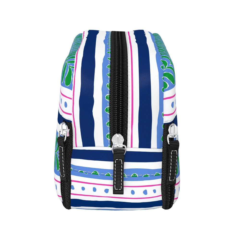 Colorful striped backpack with leaf patterns on a white background
