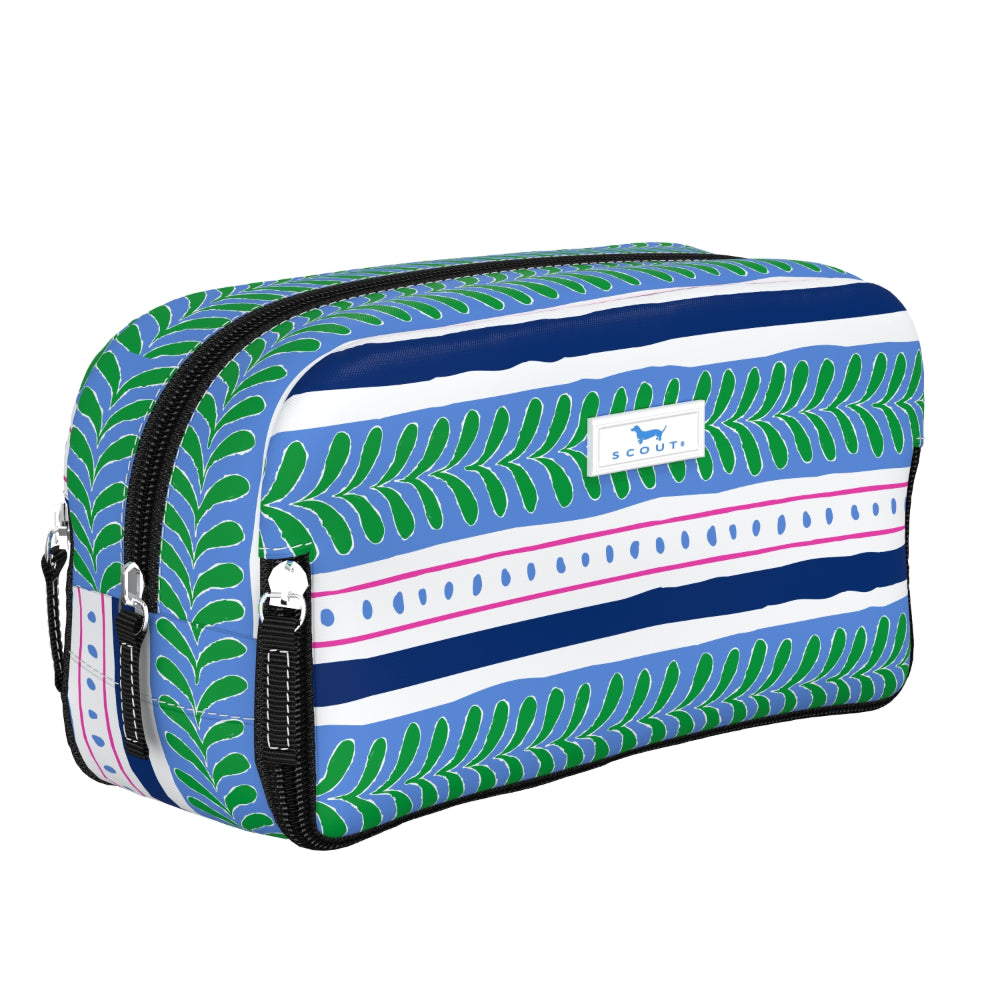 Rectangular toiletry bag with green leaf pattern and blue stripes on a white background