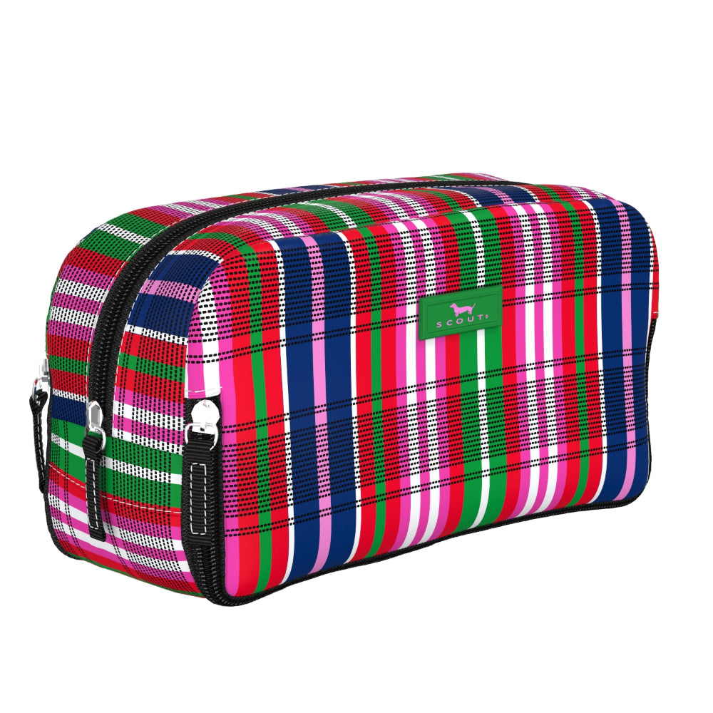 Multicolored striped toiletry bag with a visible brand logo on a white background