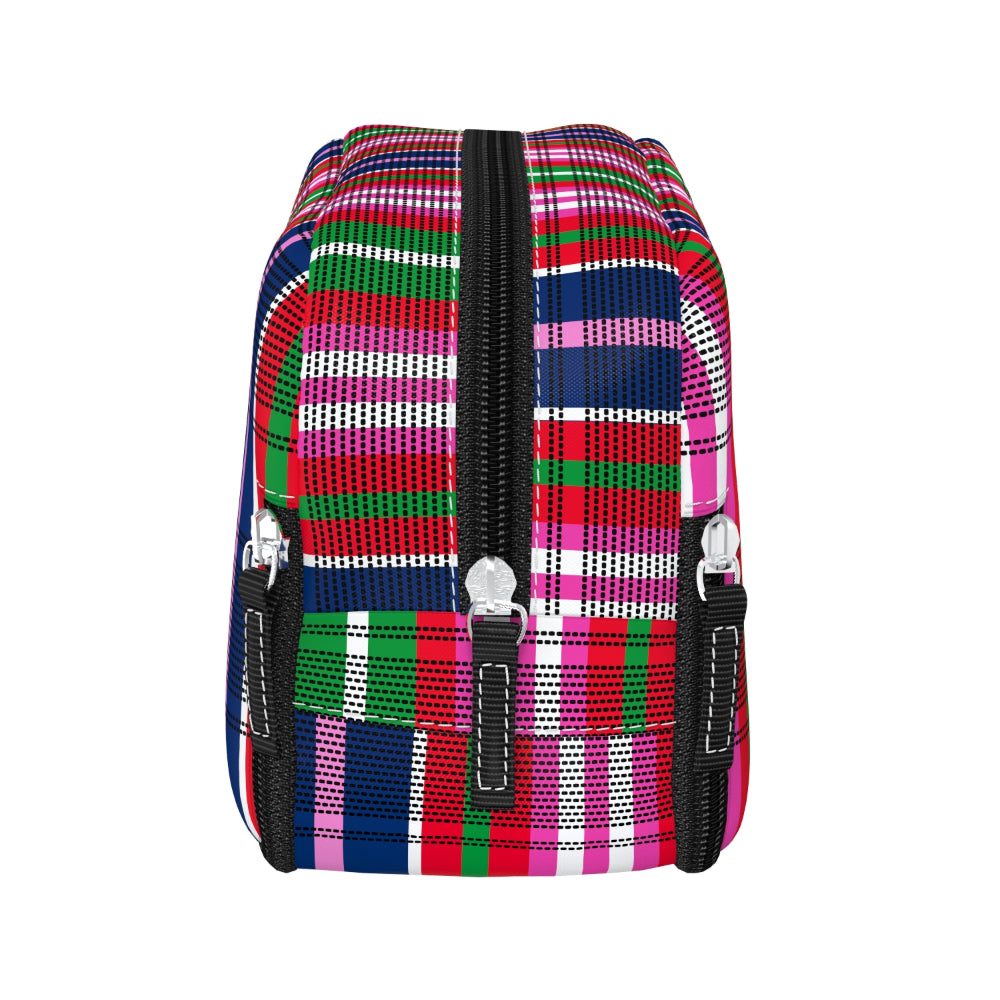 Colorful striped makeup bag with black zippers on a white background