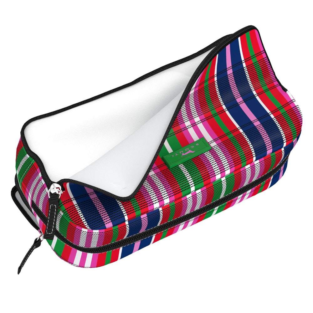 Colorful striped pouch with a visible brand logo on a white background