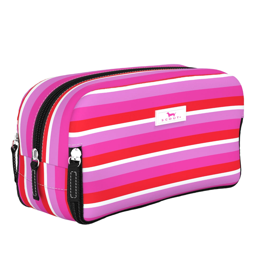 Pink and red striped toiletry bag with a visible brand logo on a white background
