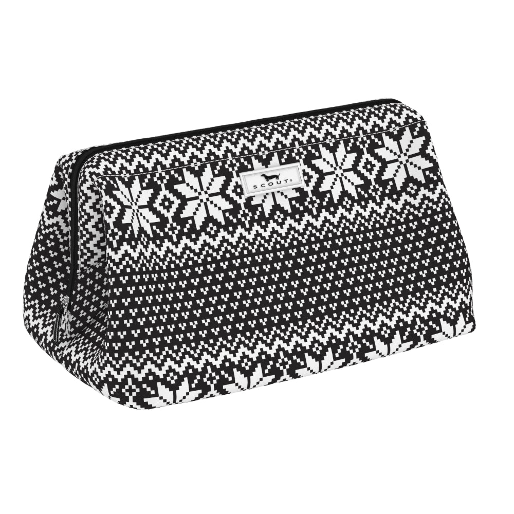 A rectangular zippered pouch with a black and white knit-style snowflake and geometric pattern, featuring a small central logo patch.