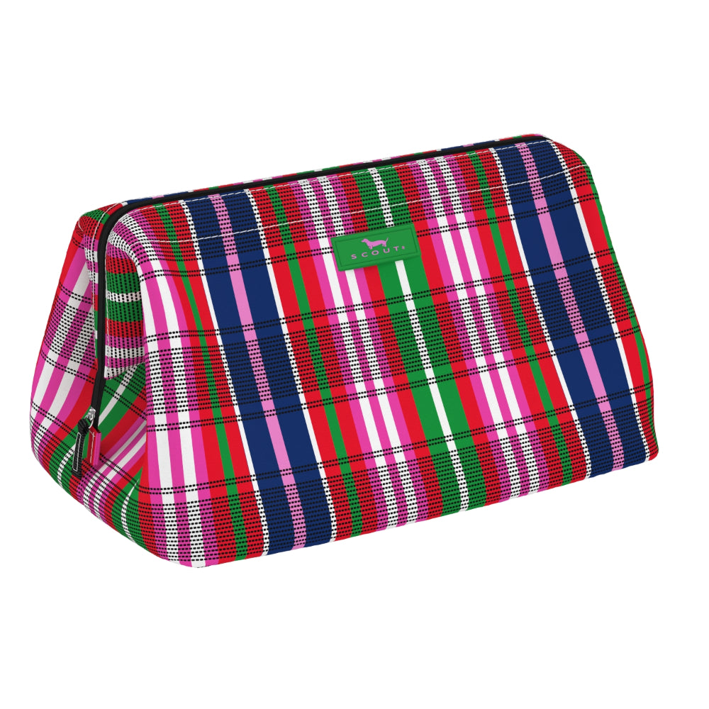 A zippered cosmetic pouch featuring a vibrant multicolor plaid pattern with pink, green, navy, and white stripes, complete with a small green brand label on the front.