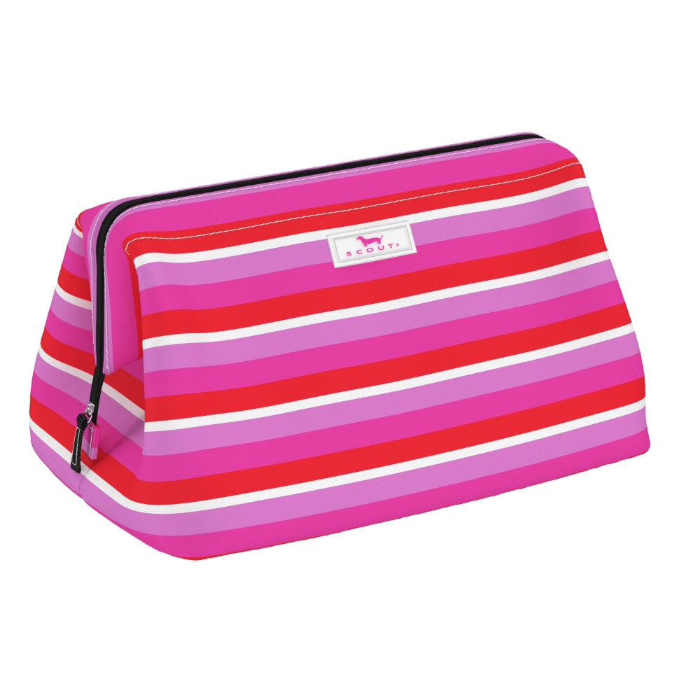 Pink and red striped toiletry bag with a visible brand logo on a white background