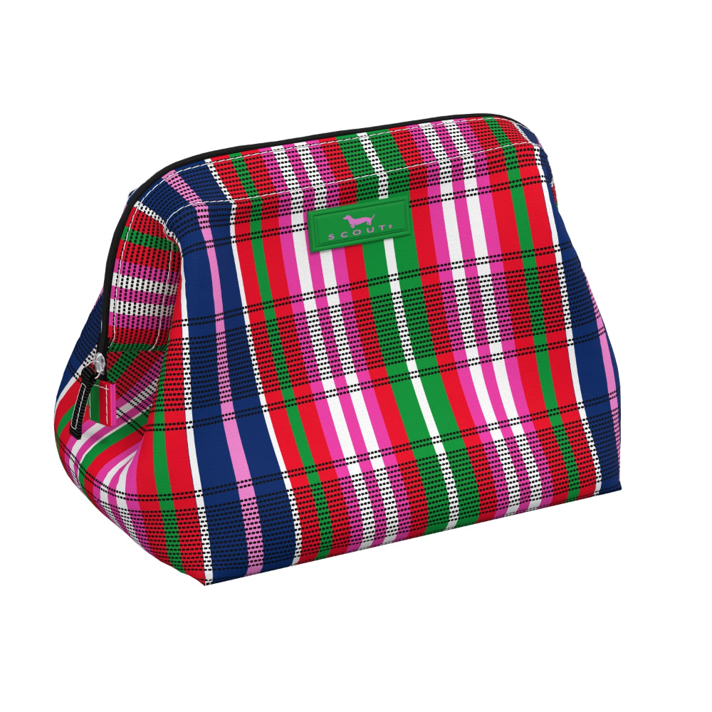 A small zippered cosmetic pouch with a vibrant multicolor plaid pattern featuring pink, green, navy, and white stripes, with a green leather brand tab on the front.