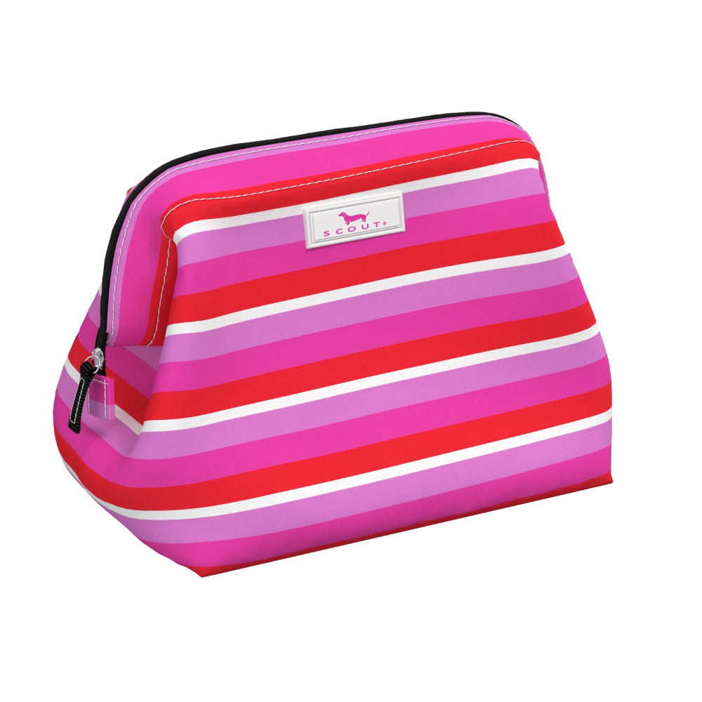Pink and red striped pouch with a visible brand logo on a white background
