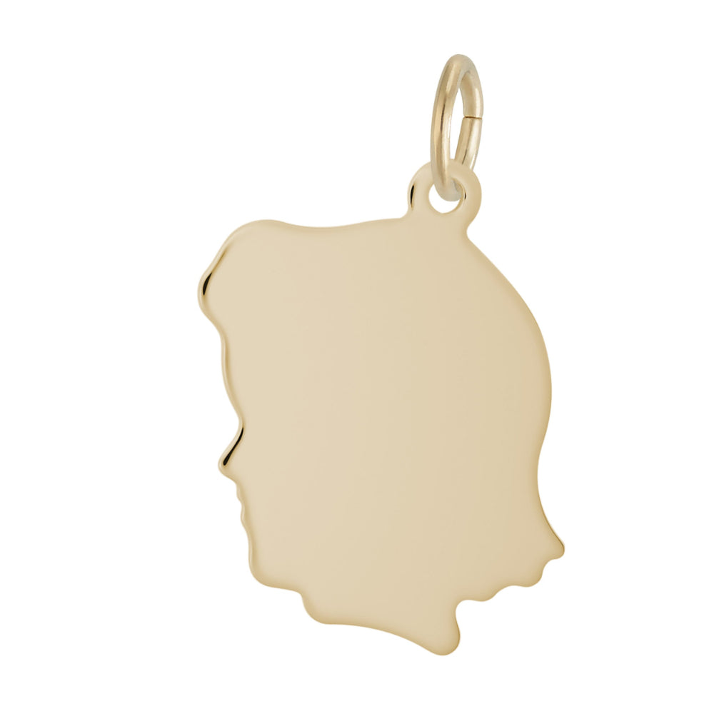 Gold pendant shaped like a face looking left on a white background