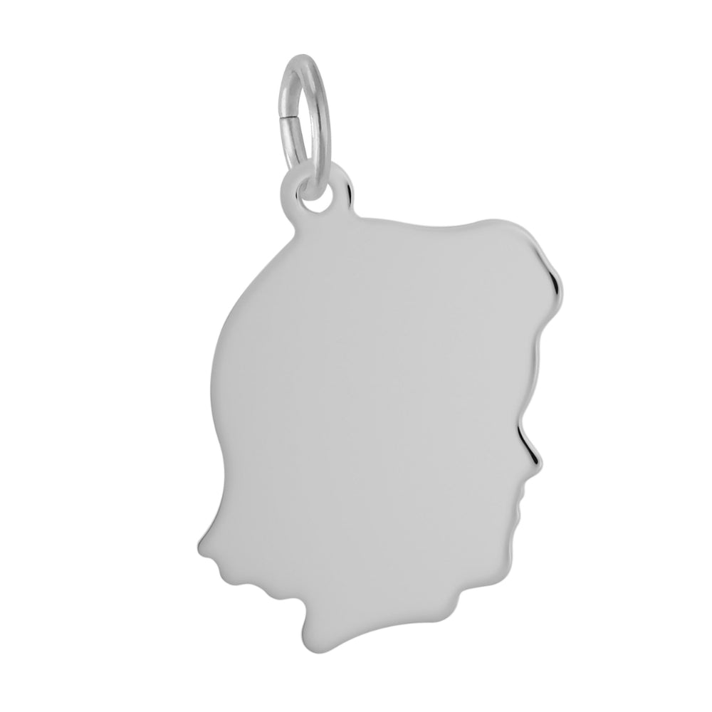Silver pendant shaped like a face looking right on a white background