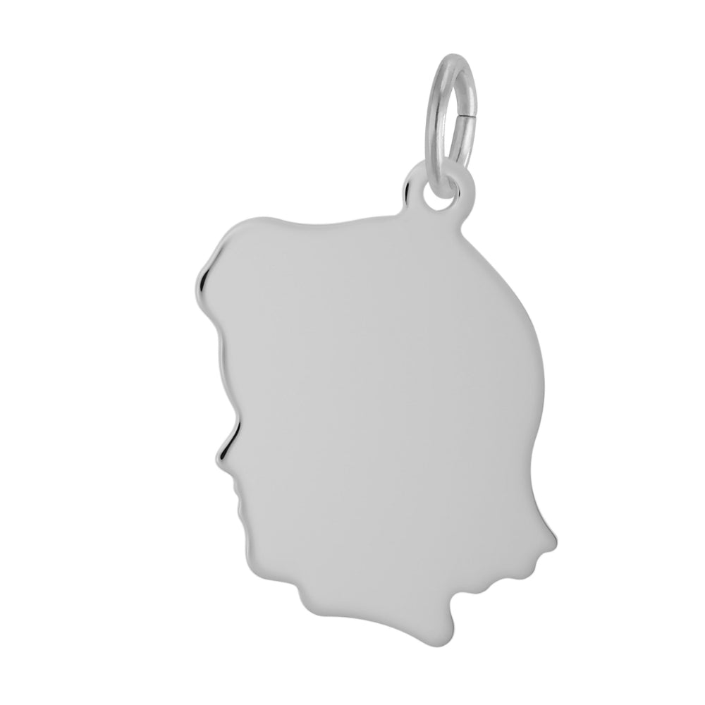 Silver pendant shaped like a face looking left on a white background