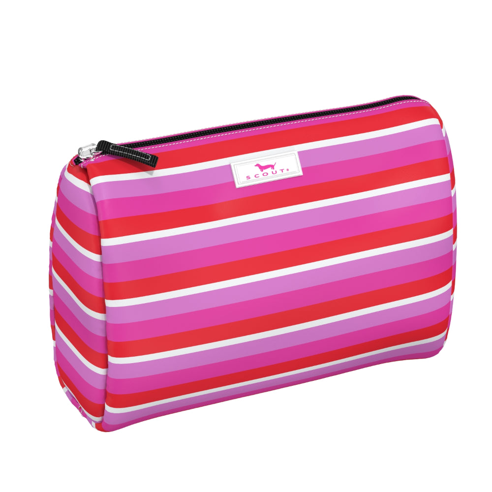 A rectangular zippered cosmetic pouch with horizontal pink, red, and white stripes, featuring a white brand label with a pink horse logo on a plain white background.