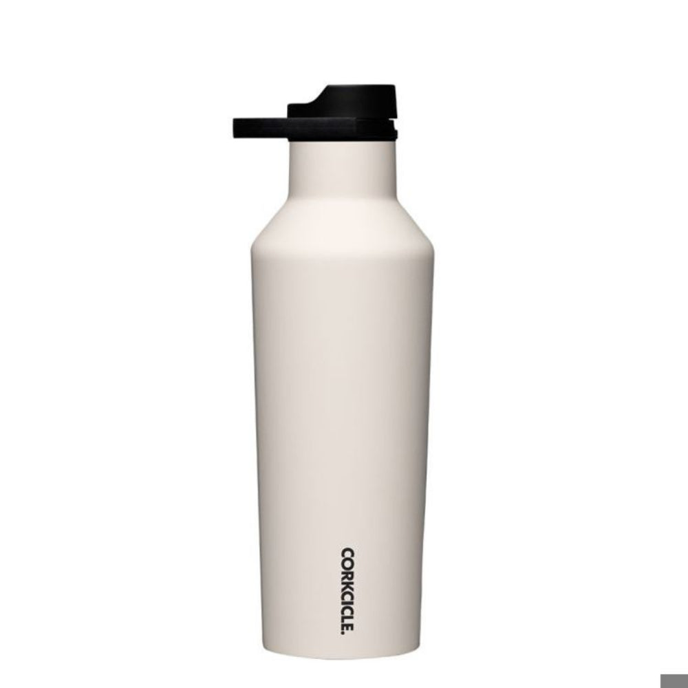 White 32oz Corkcicle water bottle with black lid on a white background.