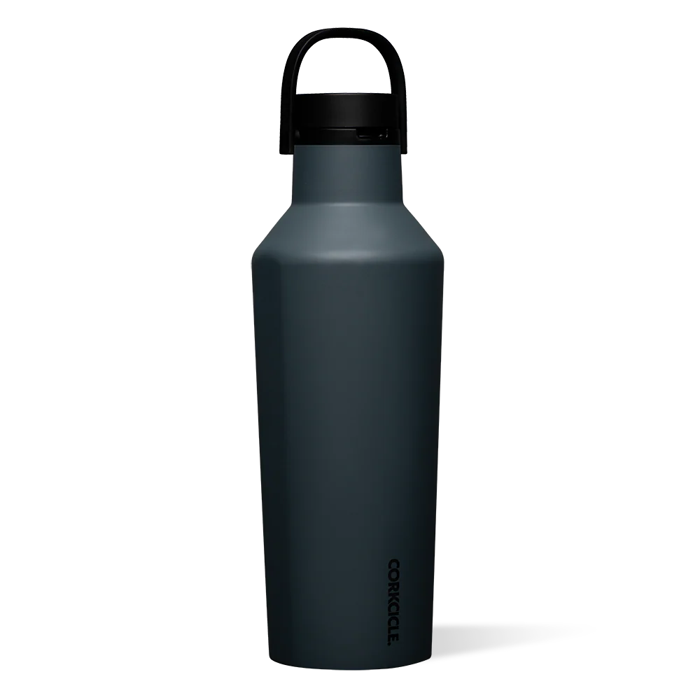 Black water bottle with a black lid on a white background.