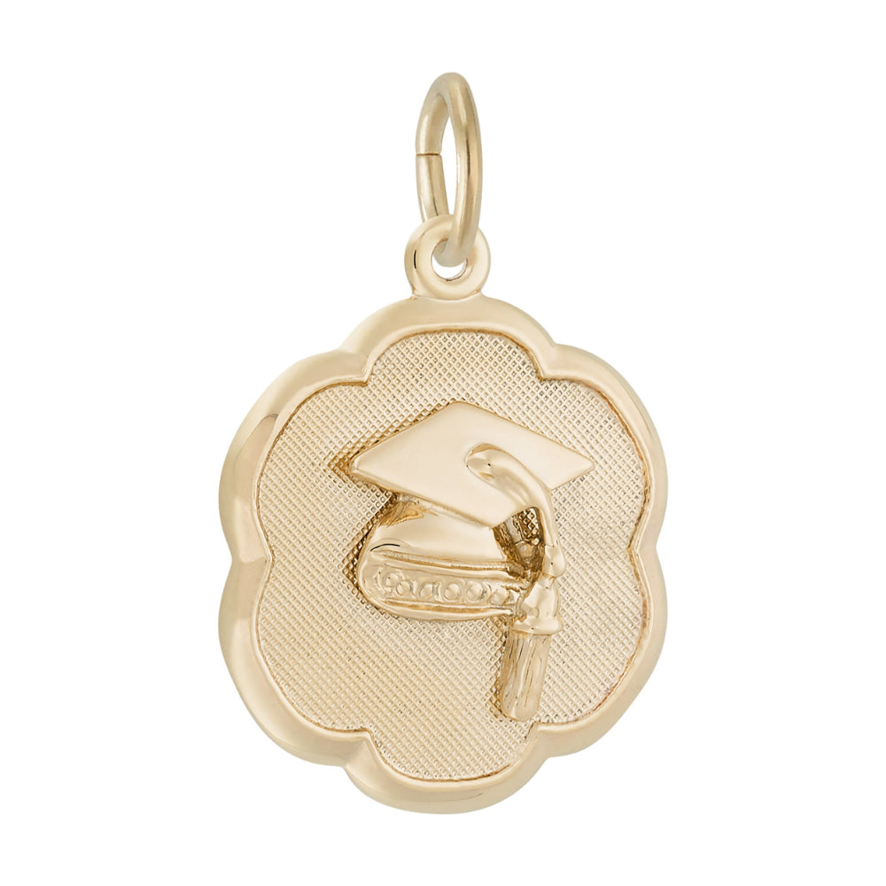 Gold graduation cap charm with scalloped edge on a white background