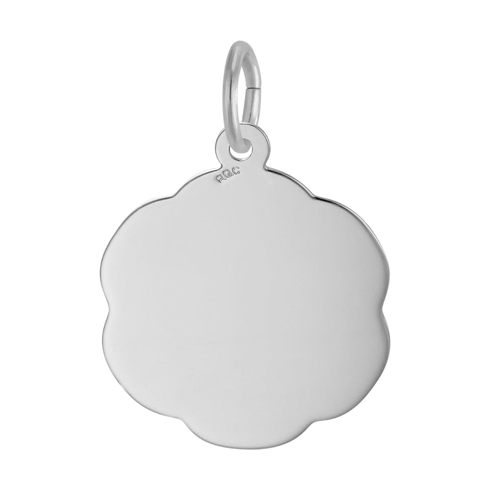 Plain Silver charm with scalloped edge on a white background