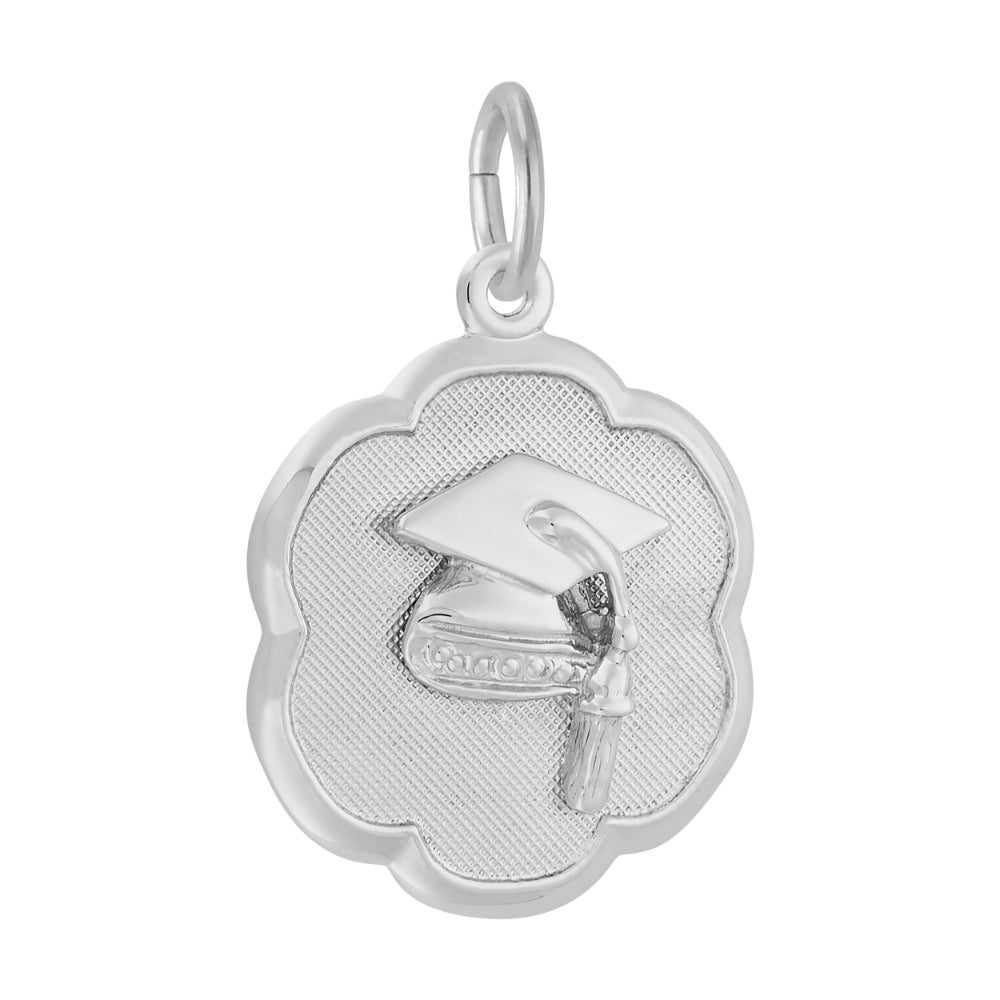 Silver graduation cap charm with scalloped edge on a white background