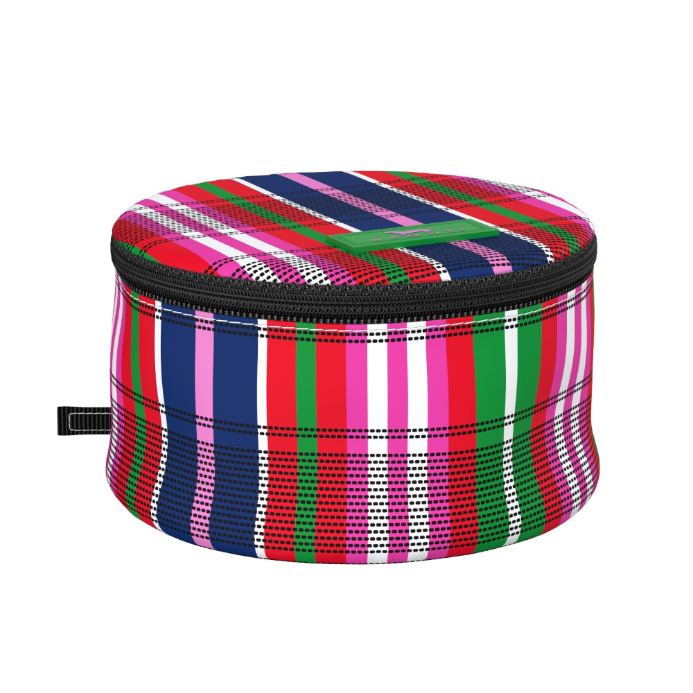 A cylindrical jewelry case with a vibrant multicolor plaid pattern featuring pink, red, green, blue, and white stripes, shown against a plain white background.