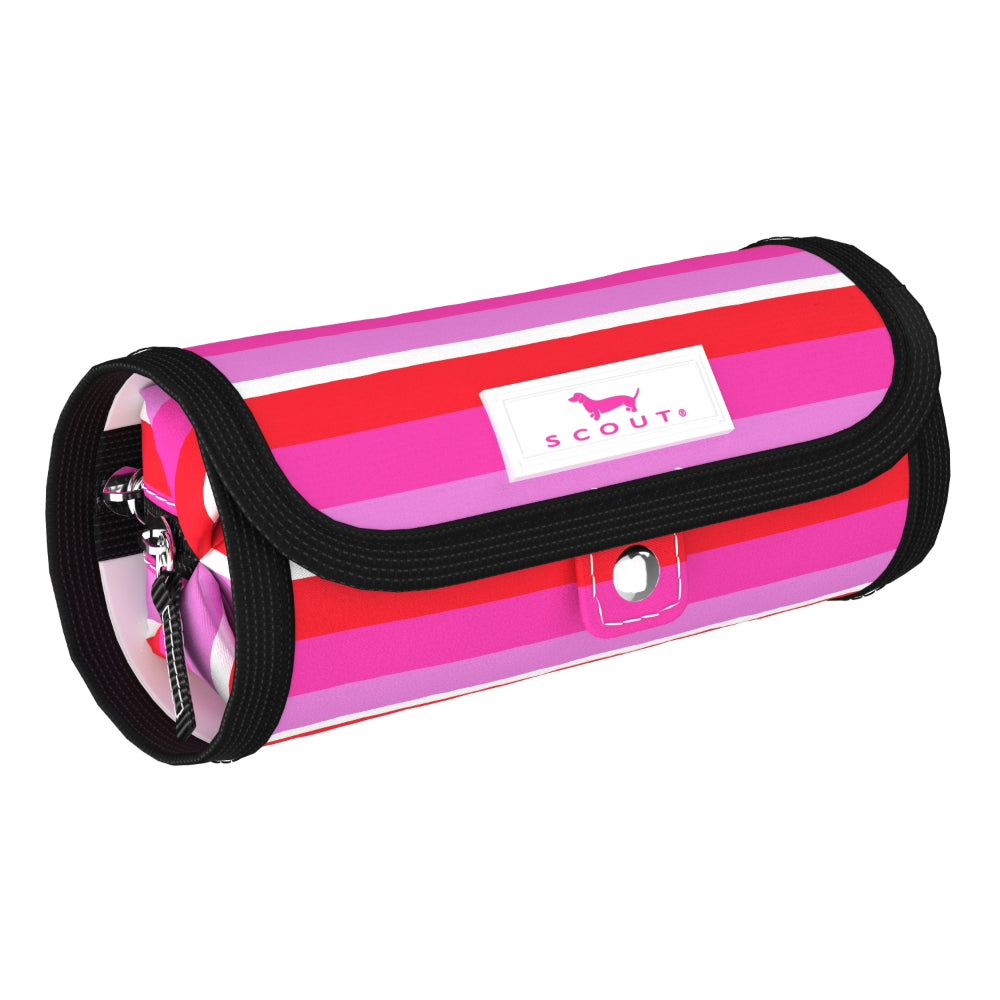 Pink and red striped pouch with black trim on a white background