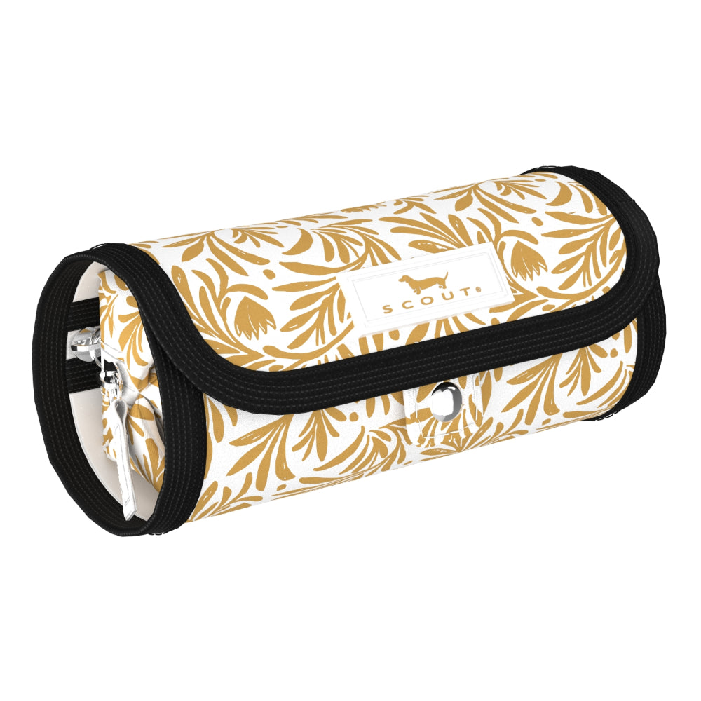 Roll-up pouch with gold leaf pattern and black trim on a white background