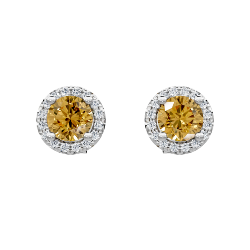 14k Gold 5mm Citrine and Diamond Halo Earrings