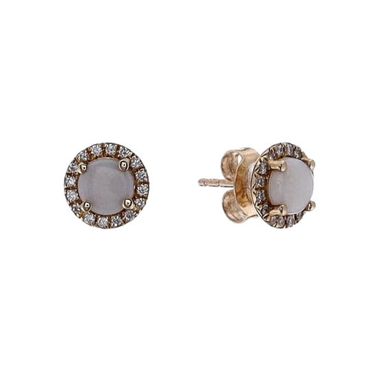 14k Yellow Gold Round Opal and Diamond Halo Stud Earrings