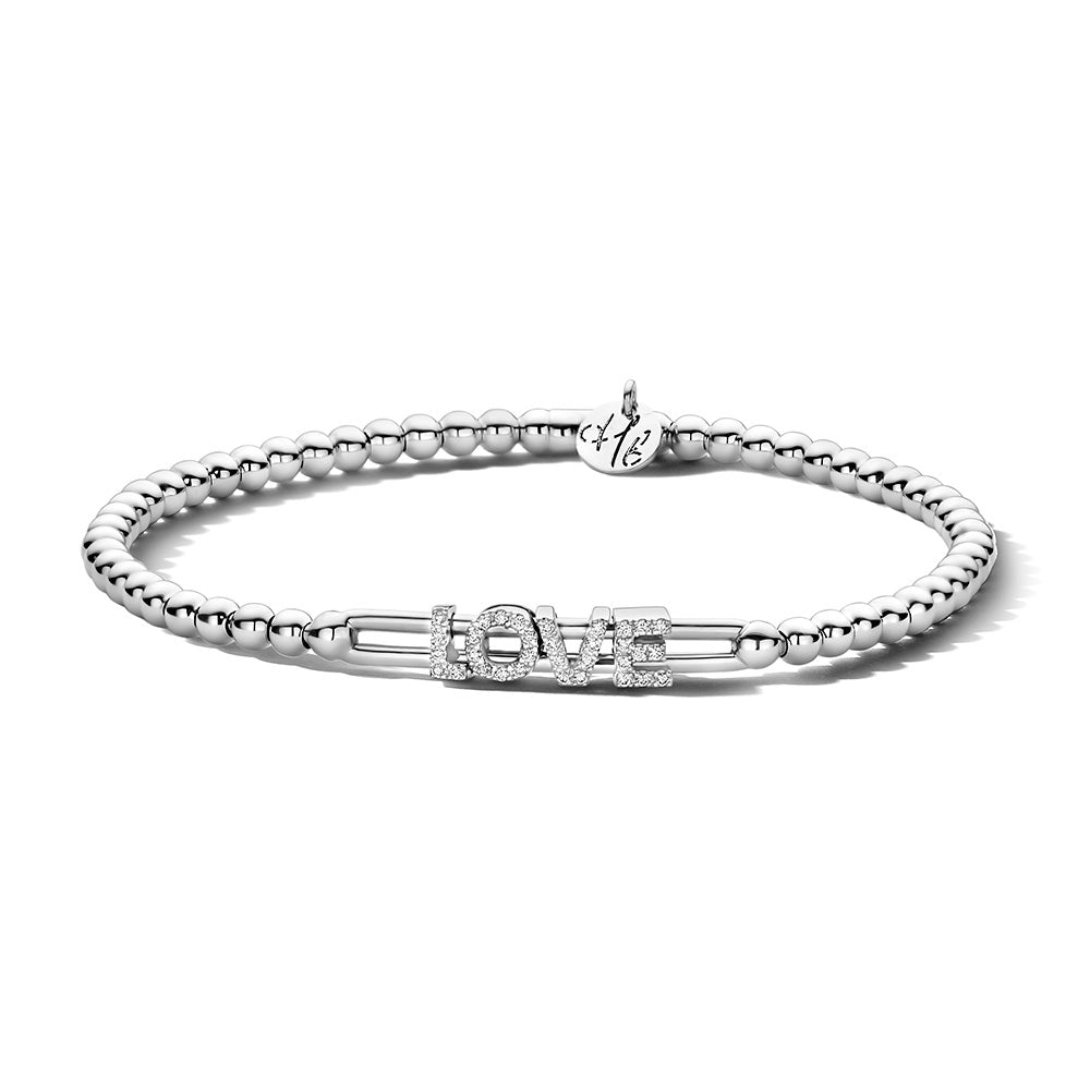 Silver bracelet with 'LOVE' charm on a white background
