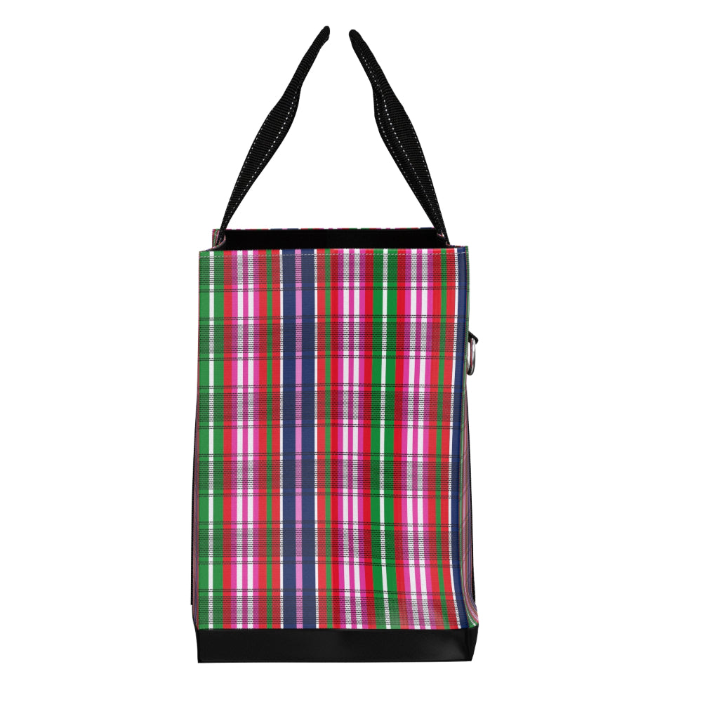 A tote bag with a vibrant multicolor plaid pattern featuring pink, green, blue, and red stripes, finished with black straps and a black base, shown against a plain white background.