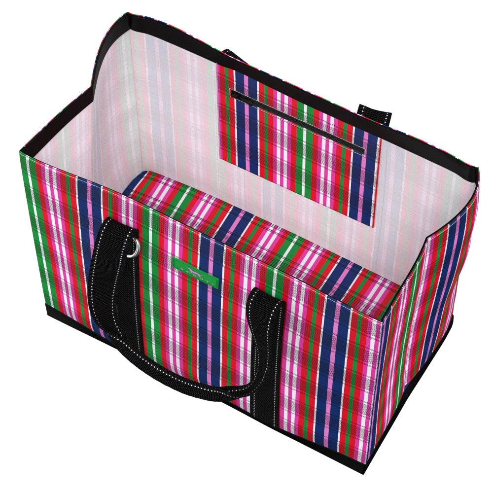 A rectangular storage tote bag with a colorful vertical stripe plaid pattern in pink, green, blue, and white, featuring black handles and trim on a white background.