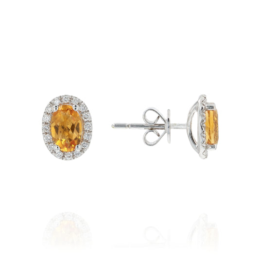 14k White Gold Oval Citrine and Diamond Halo Stud Earrings