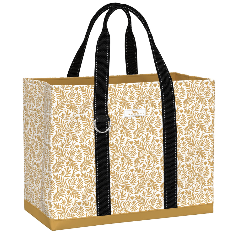 A tote bag with a beige and white botanical leaf pattern, black shoulder straps, and a gold-colored base and trim, shown on a plain white background.