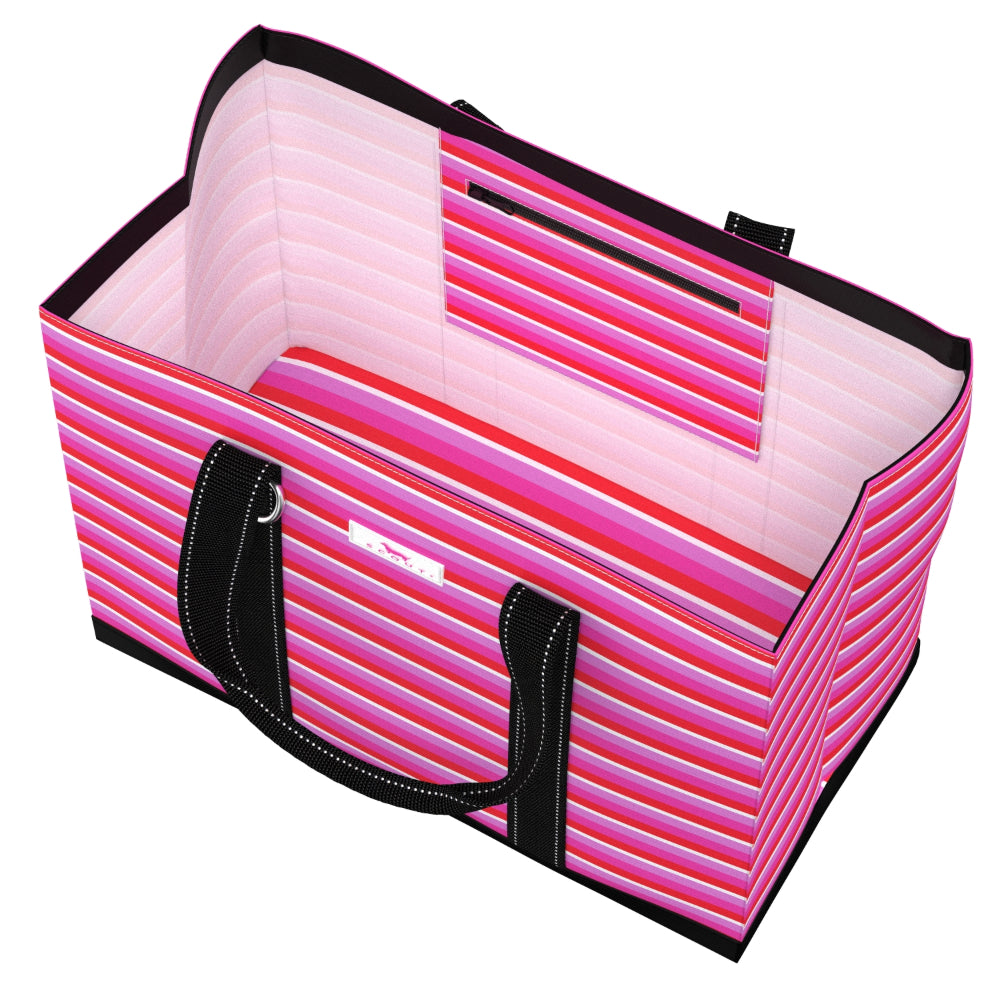 A striped fabric tote bag with pink and red horizontal stripes, black trim, and black handles, shown on a plain white background.