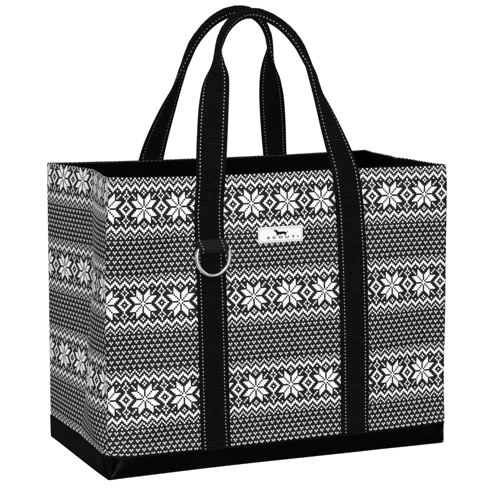 A black and white patterned tote bag with black handles and a small white brand label on the front, shown on a plain white background.