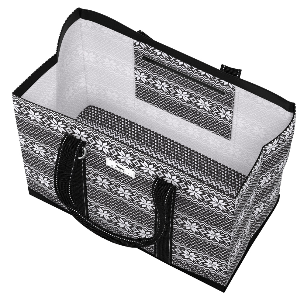 A rectangular tote bag with a black and white knit pattern exterior, black handles, and a white mesh interior lining, shown on a plain white background.