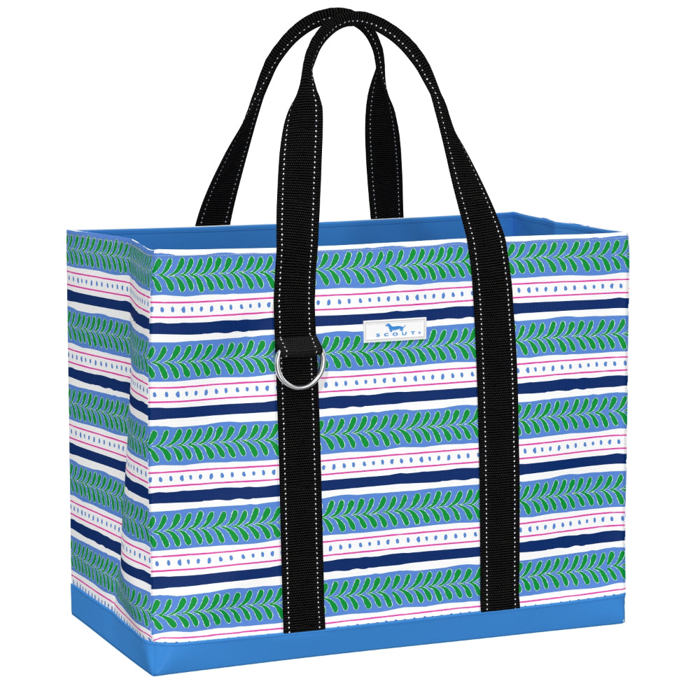 A rectangular tote bag with a blue base, decorated with horizontal stripes of green leafy patterns, navy and white stripes, and black shoulder straps with white stitching.