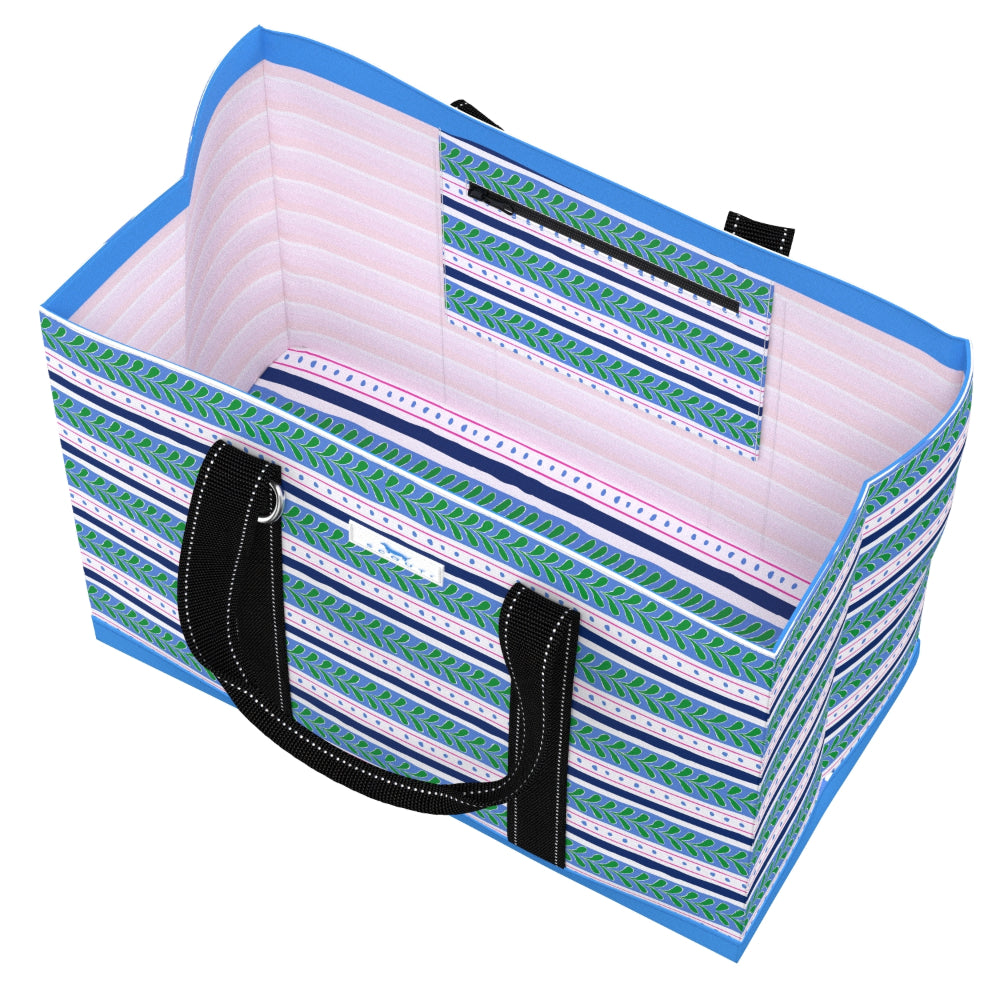 A rectangular tote bag with a striped pattern featuring green, blue, navy, and white, with black handles and a light pink interior lining.