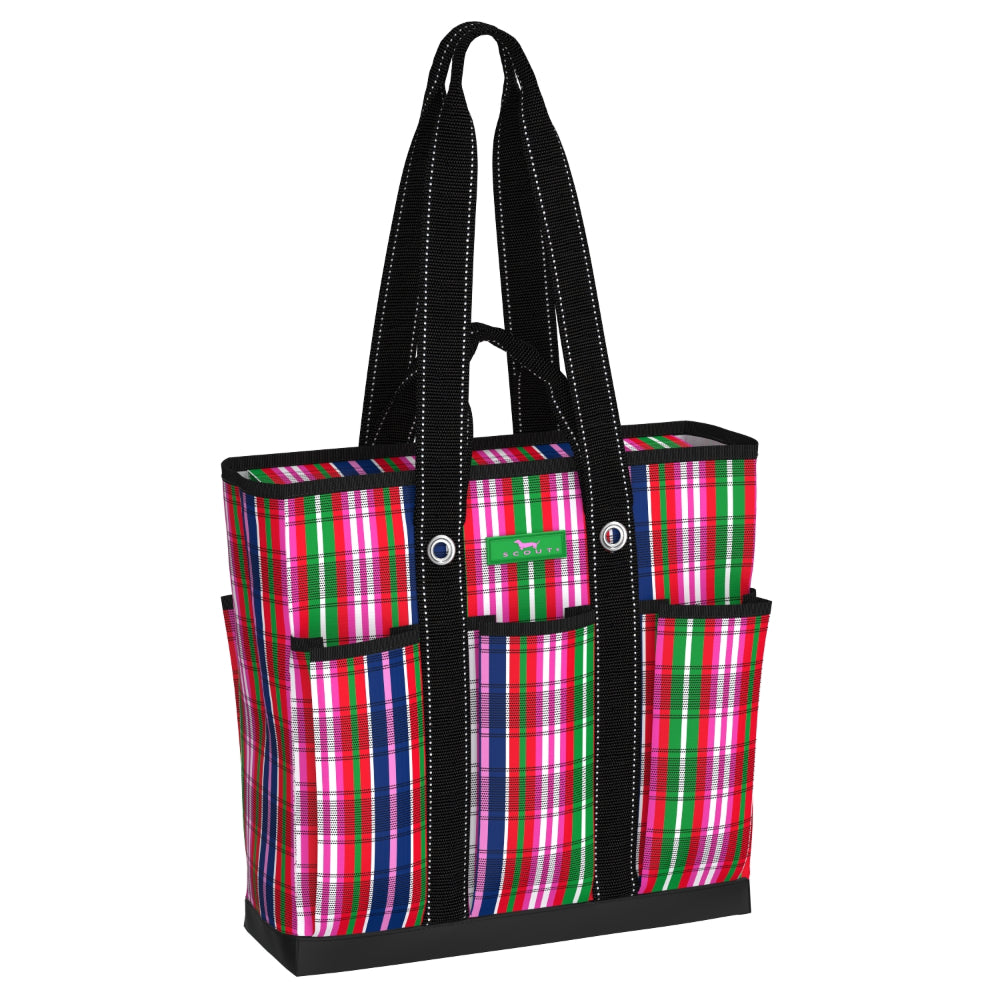 Tote bag with plaid pattern and black accents