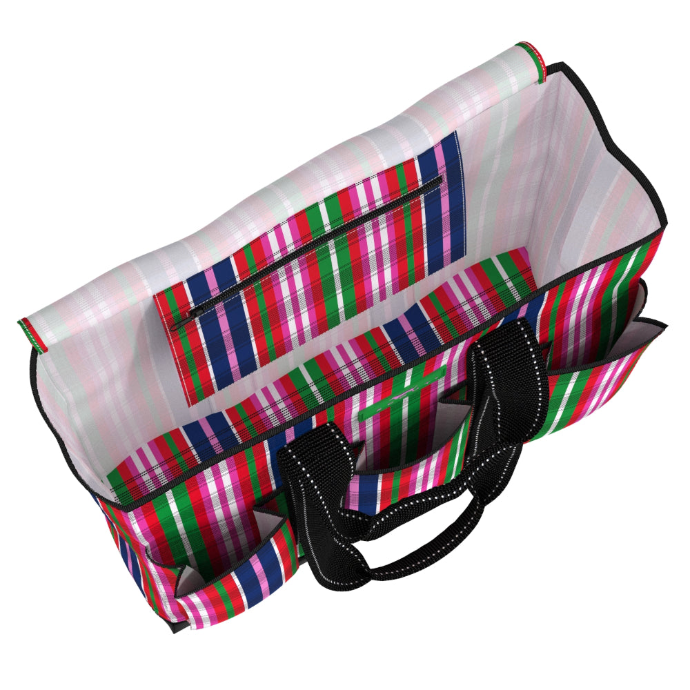 A striped tote bag with a multicolor plaid pattern in pink, green, blue, and white, featuring black handles and black piping, shown on a white background.