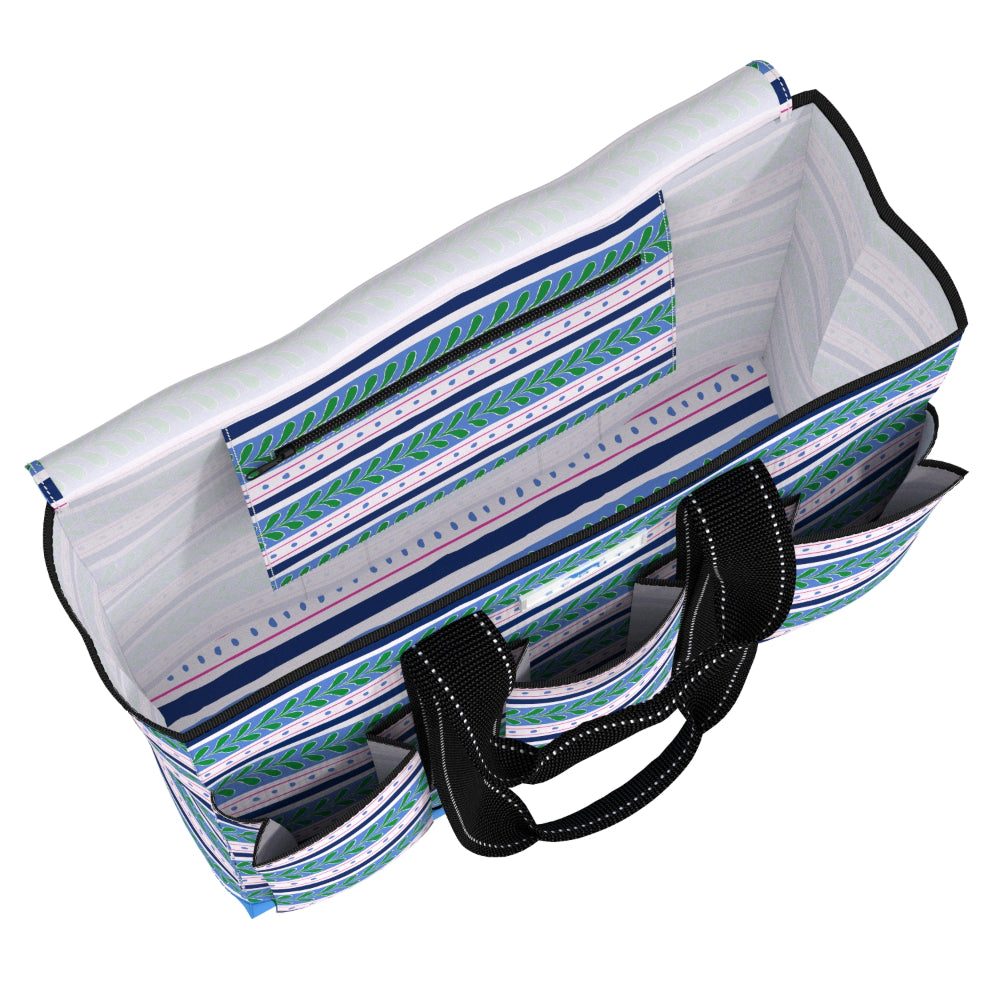 A striped fabric organizer tote bag with multiple pockets, shown open against a white background. The exterior features a pattern of navy, teal, pink, and white stripes, while the interior is lined in white with matching striped pockets.