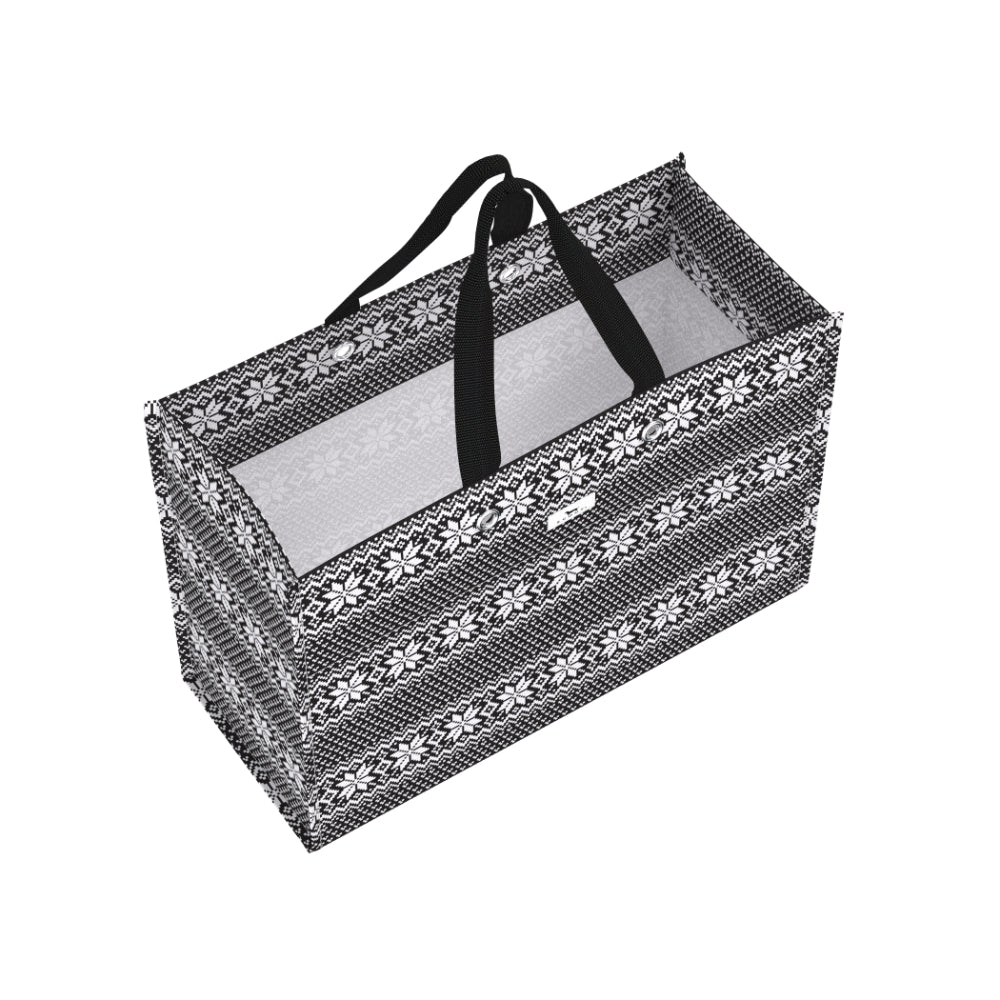 A rectangular gift bag with a black and white floral lace pattern, featuring black fabric handles and a light gray interior lining, shown on a plain white background.