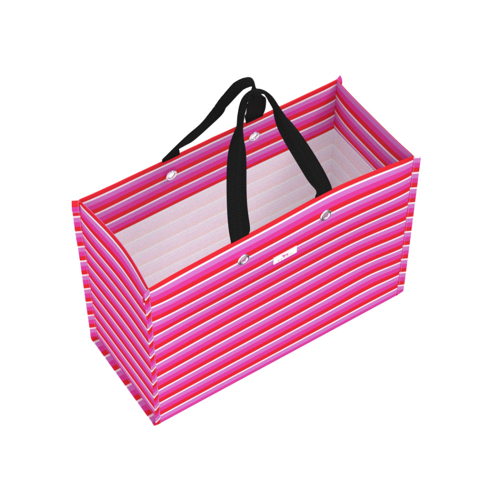 A rectangular gift bag with alternating pink and red horizontal stripes, a white interior, and black shoulder straps, shown on a plain white background.