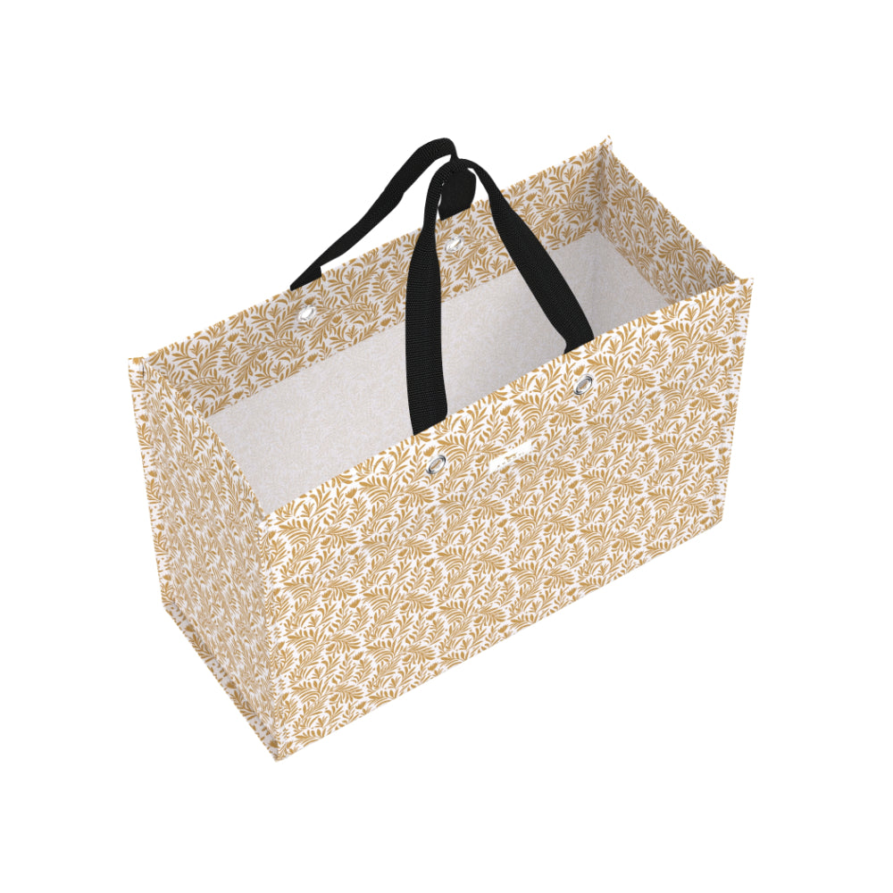 A rectangular gift bag with a beige and white floral pattern, featuring black shoulder straps and a light gray interior lining, shown on a plain white background.