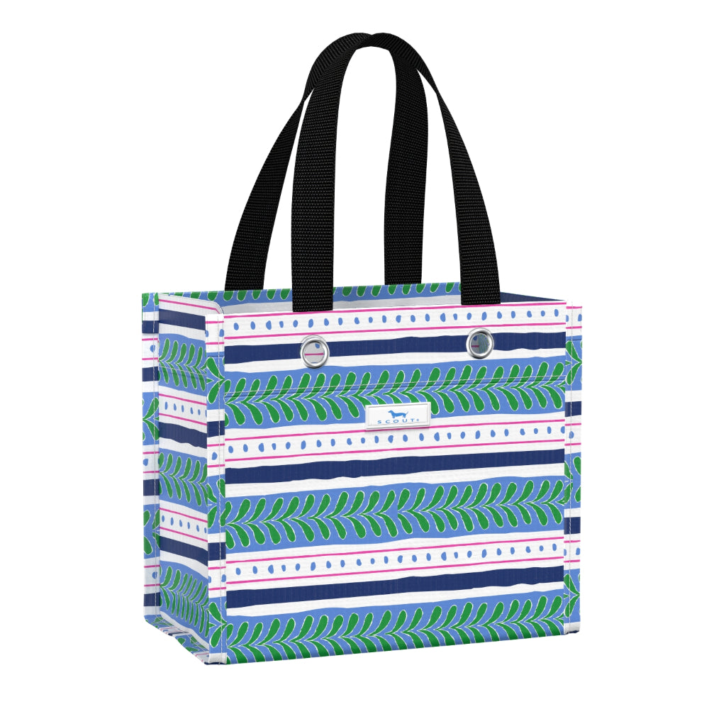 A tote bag with a colorful striped and leafy pattern in blue, green, pink, and white, featuring black shoulder straps and silver metal grommets.