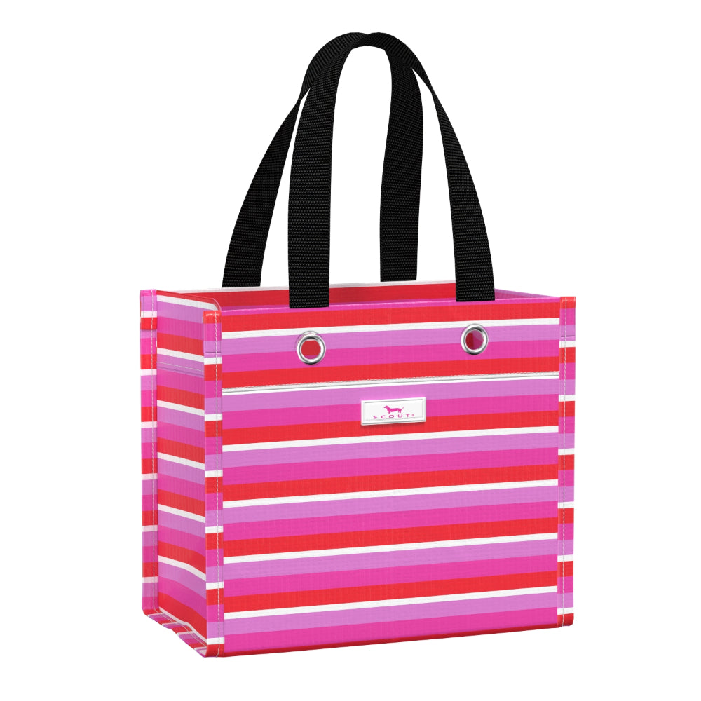 Striped tote bag with black handles on a white background
