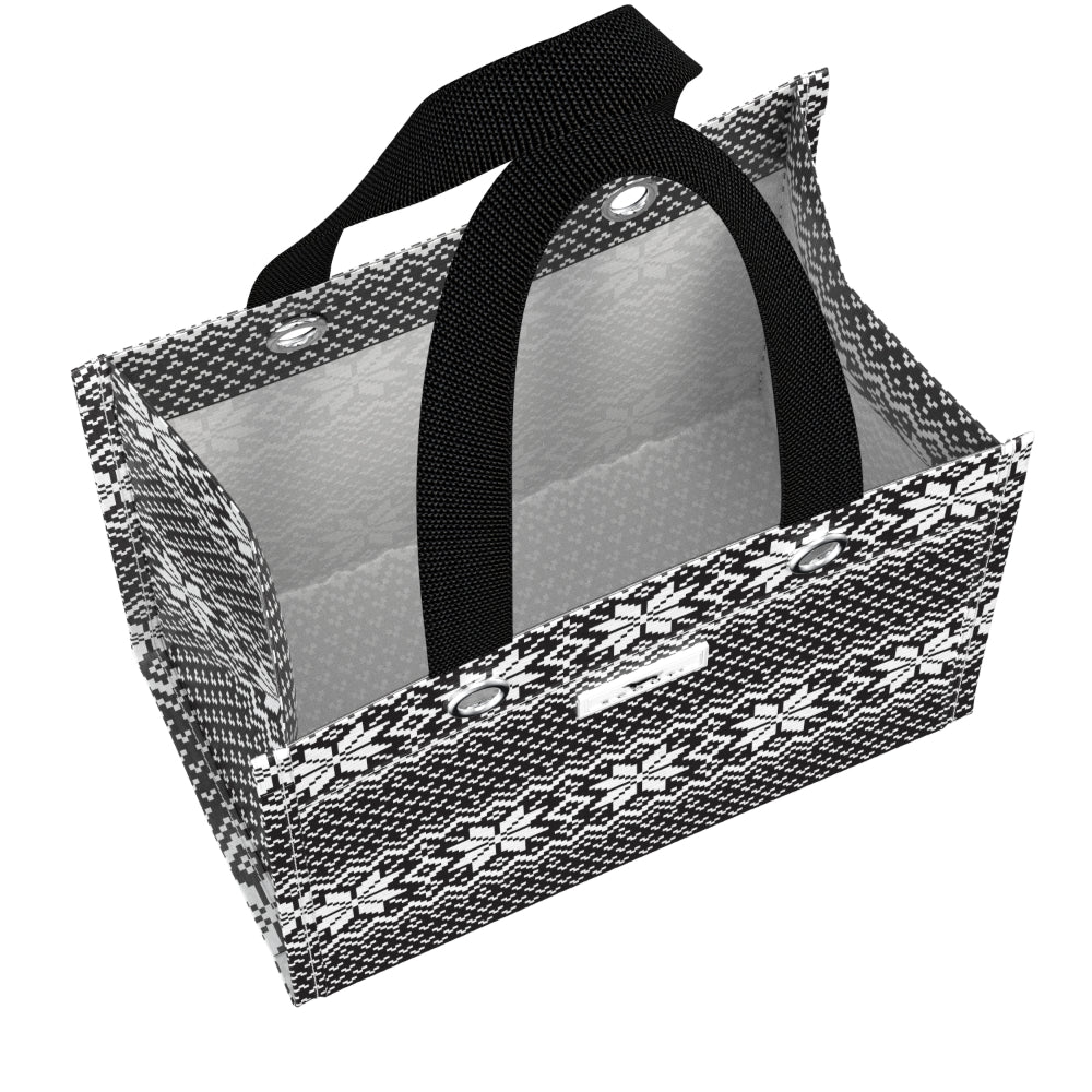 A rectangular black and white patterned gift bag 