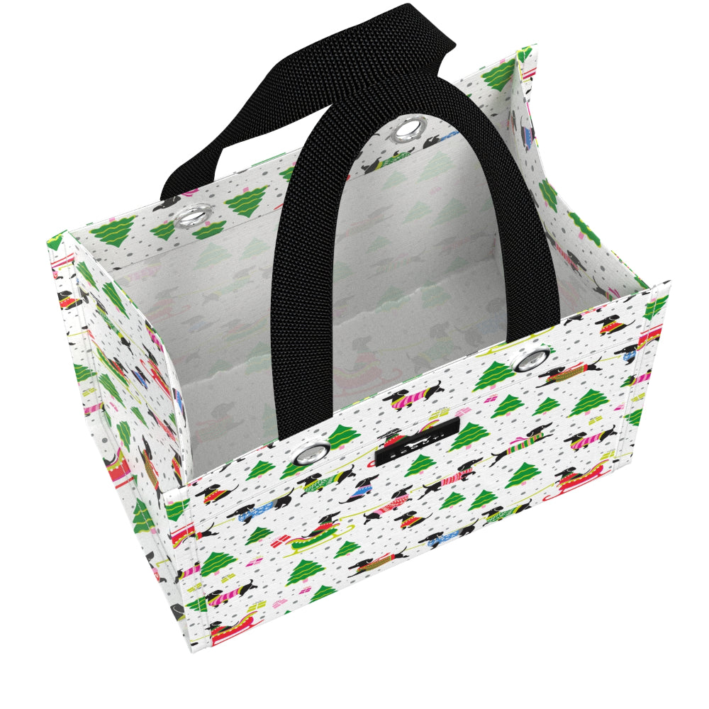 Patterned gift bag with black strap on a white background