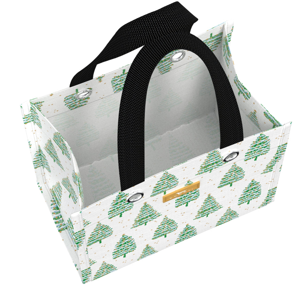 Rectangular gift bag with green tree pattern and black handles on a white background