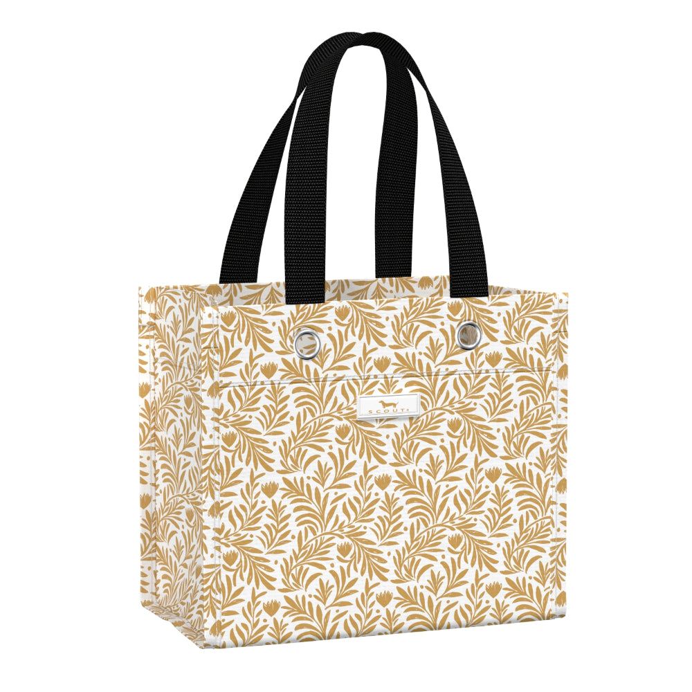 gift bag with floral pattern and black handles on a white background